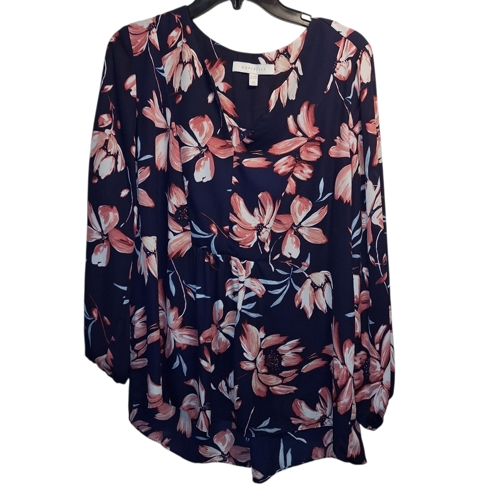 Marybelle Floral V Neck Blouse Pink and Navy 1X